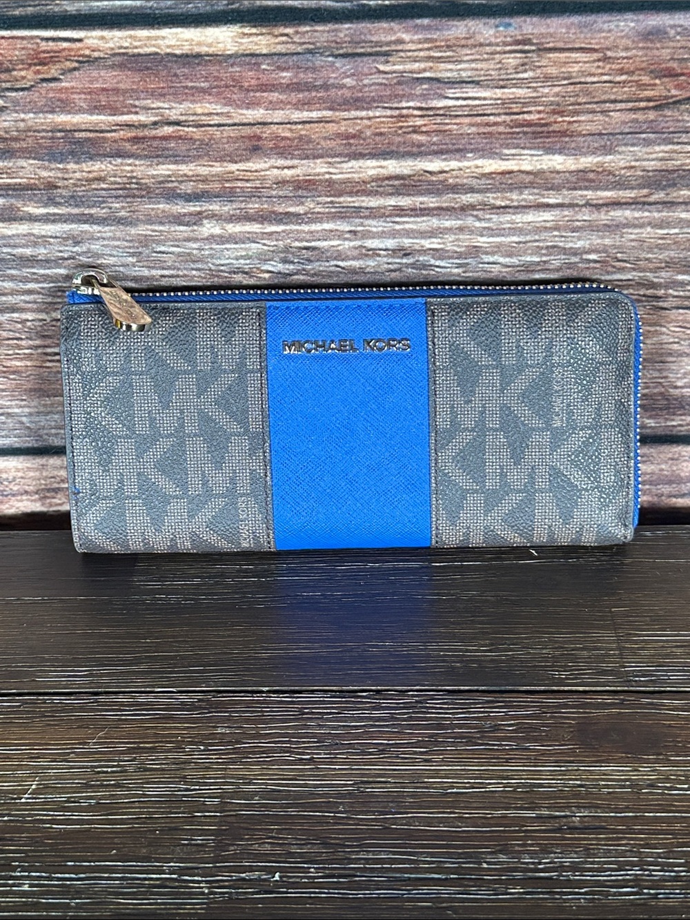 Michael Kors Brown Logo Wallet with  Blue Center Panel